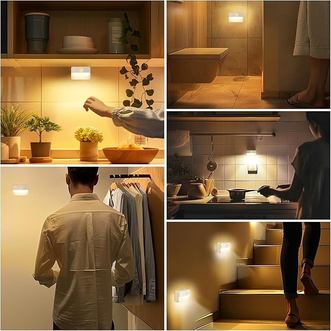 16 Pack Rechargeable Motion Sensor Stair Lights for Indoor, Wireless Battery Operated Night Light, Magnetic Led Stick On Portable Lamp for Step Hallway Closet Under Cabinet Bedroom Kitchen Bathroom