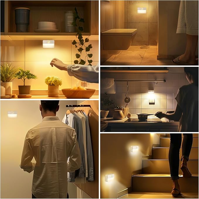 6 Pack Rechargeable Stair Lights Indoor, Motion Sensor Night Light | Automatic Activated, Magnetic, Battery Operated LED Wireless Lamp for Step Toilet Hallway Under Cabinet Closet Wall