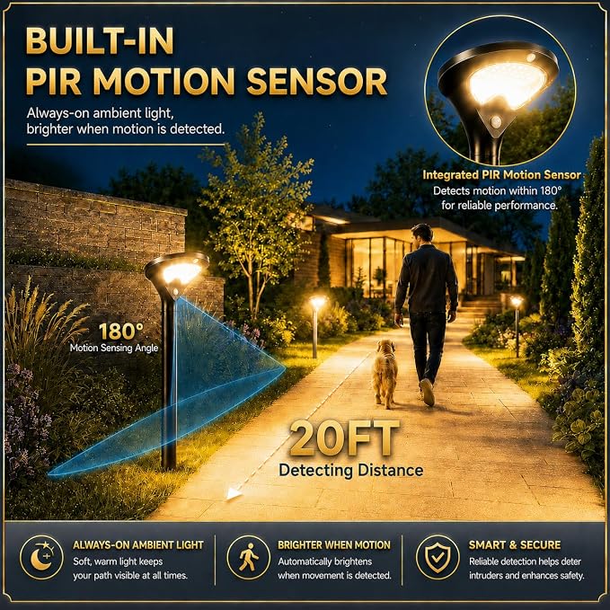 Garpar 400LM Solar Pathway Lights with Motion Sensor, Tempered Glass Panel | 26 LEDs, 3 Modes, Waterproof, 1500mAh Battery, Larger Solar Panel, 3 Height Options for Garden Yard Walkway Driveway Path