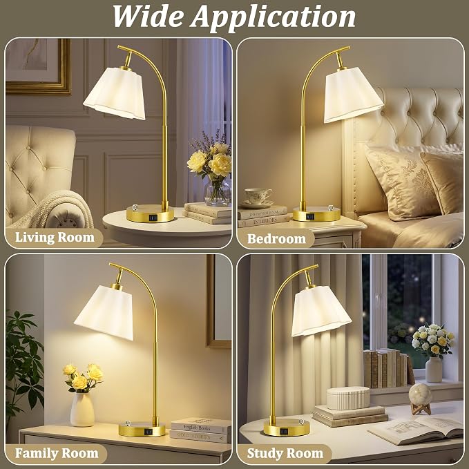 Table Lamps Set of 2, Stepless Dimmable Bedside Lamps with USB A&C Ports | Fabric Shade, Multi-Angle Rotatable Head, Lamps for Nightstand, Side Table, Dorm, Bedroom, Home Office, Elegant Home Decor