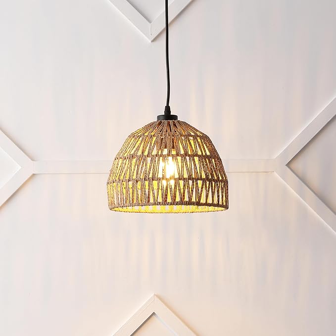 JONATHAN Y Campana 1-Light Pendant Dome Ceiling Lamp, 10.25", Brown | Modern Coastal Farmhouse Decor, Adjustable Height, Woven Rope Metal Frame, LED Bulb Included, UL Listed