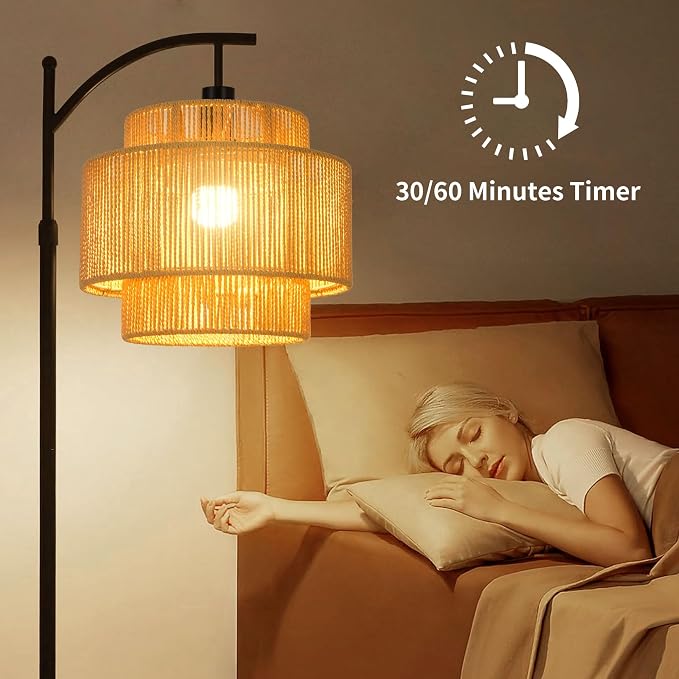 ILLMTW Rattan Floor Lamp for Living Room Bedroom Boho Arc Standing Lamp with Remote Dimmable Black Farmhouse Wicker Bamboo Lamp Shade Floor Light Tall Lamp Industrial Floor Lamps Bohemian Decor