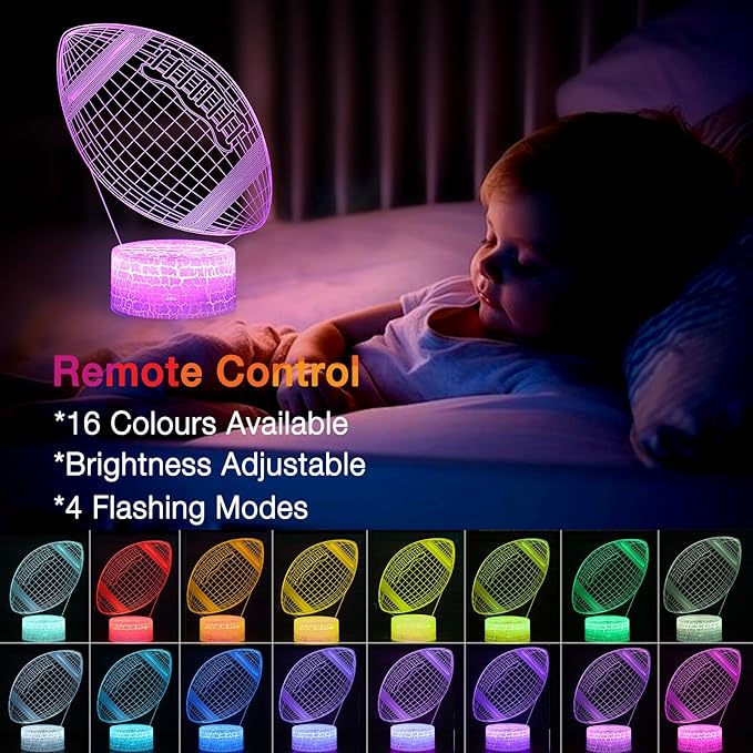 Football Night Light, Rugby Gifts for Boys Girls or Decor, Rugby 3D Illusion Lamp with 16 Colors Change Remote Control, Decorative Desk Lamp Christmas Creative Birthday Gift Ideal for Sport Fans