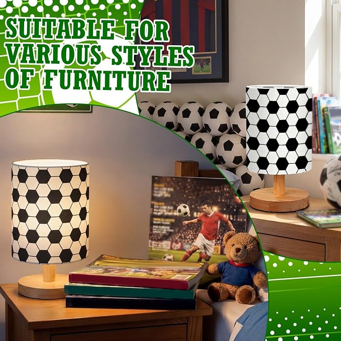 Soccer Kids Table Lamp for Bedroom Kids Bedside Lamp with Linen Wooden Nightstand Cartoon Nursery Lampshade for Girls Boys Living Room