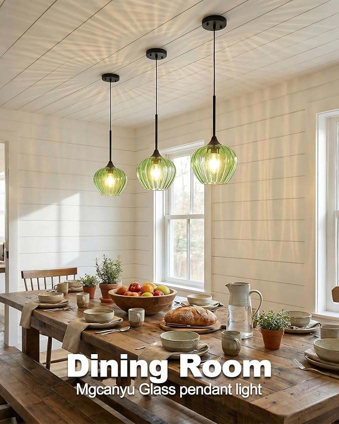 Green Pendant Lights Kitchen Island, 7.7" Vintage Glass Pendant Lighting Samll Adjustable Hanging Light Fixtures for Kitchen, Dining Room, Sink, Bathroom
