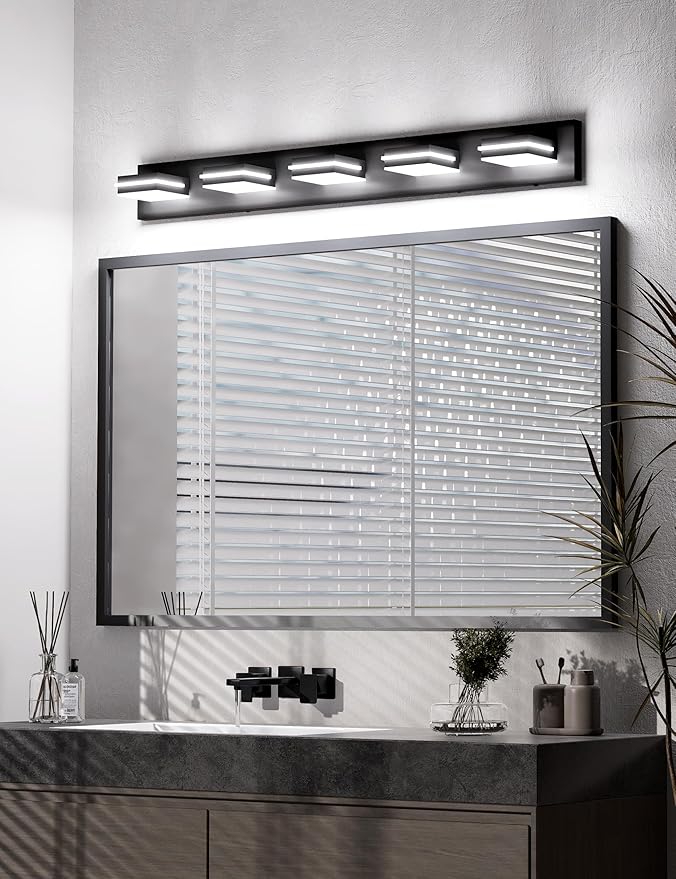 VOLISUN Modern 5-Light, 40-Inch Black Bathroom Vanity Light Fixtures, 360 Rotatable Head, LED Vanity Lights for Bathroom