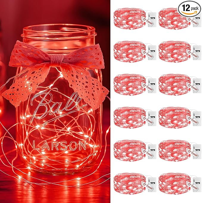 litogo 12 Pack Red Fairy Lights Battery Operated with Timer, 20 LED 3 Modes Twinkle Light, 7ft Waterproof Silver Wire Mini Small Bulk Mason Jar String Light, Decor for Wedding Party Christmas