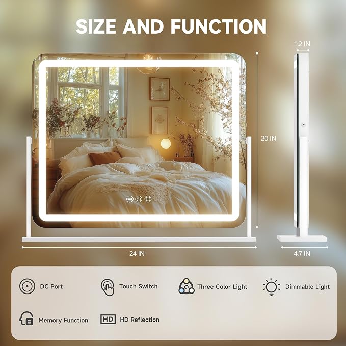 Hasipu Vanity Mirror with Lights, 24" x 20" LED Makeup Mirror, Light up Mirror with Smart Touch 3 Colors Dimmable, Brightness Adjustment, 360° Rotation (White)