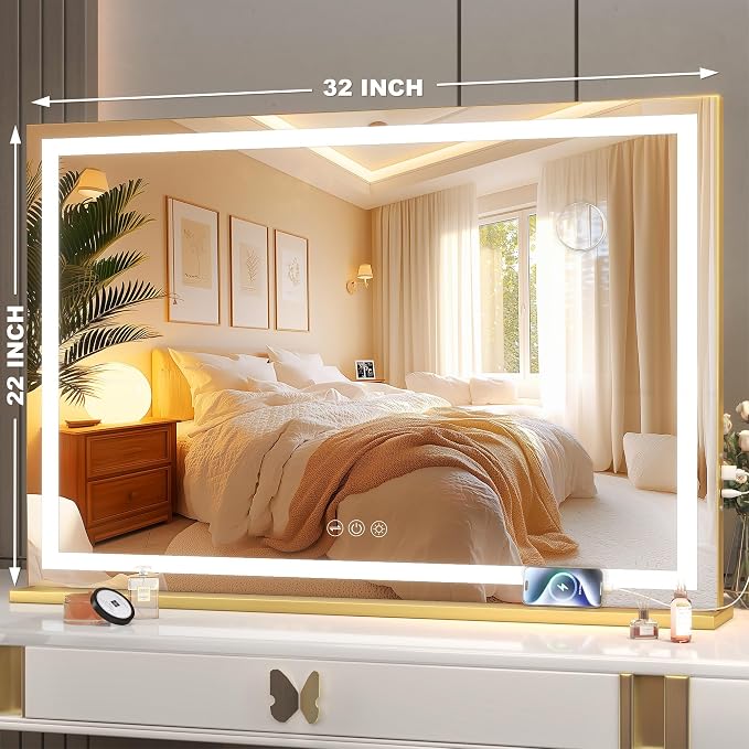 Hasipu Vanity Mirror with Lights, 32" x 22.4" LED Makeup Mirror, Lighted Makeup Mirror with Dimmable 3 Modes