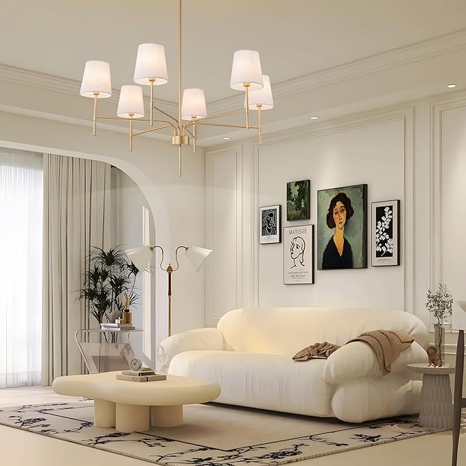 Antique Brass Gold Chandeliers for Dining Room, 6-Light Modern Chandelier Light Fixture over Table, with White Fabric Shade, 34" Large Transitional Kitchen Pendant Lights for Living Room Bedroom Foyer
