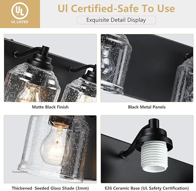 Vanity Lights for Bathroom Large 15.8", Farmhouse Rustic Vanity Light with Bubble Glass Shades, Black 2 Light Bathroom Lighting Fixtures Over Mirror, Bath Wall Sconce Home Decor