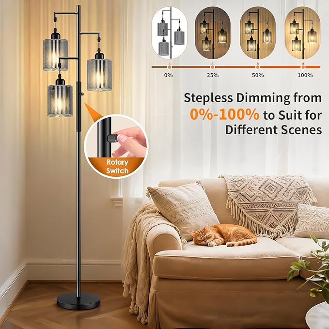 Hotsonic 72" Rattan Boho Floor Lamp, Tall Dimmable Standing Lamp with Handcrafted Gray Shade, Industrial Tree Floor Lamps for Living Room, Bedroom, Study Room, Office(3x800LM LED Bulbs Included)-Black