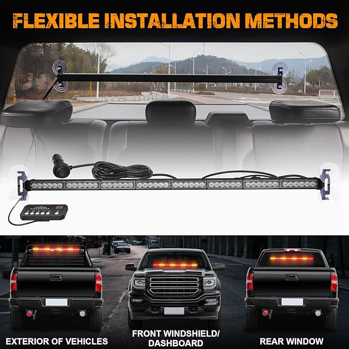 XRIDONSEN 35 inch Amber Red Traffic Advisor Light Bar 48 LED Emergency Strobe Lights Safety Warning Lights Front/Rear Window w/Display Controller for Firefighter Law Enforcement Vehicles Trucks