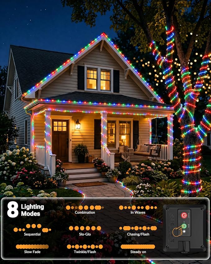 btfarm Solar Rope Lights, 120LED 46FT String Lights Outdoor Waterproof | 2 Pack 8 Modes, Timer Memory Function, Tube Trampoline lighting for Outside Garden Tree Christmas Yard Patio Decor,Multicolor