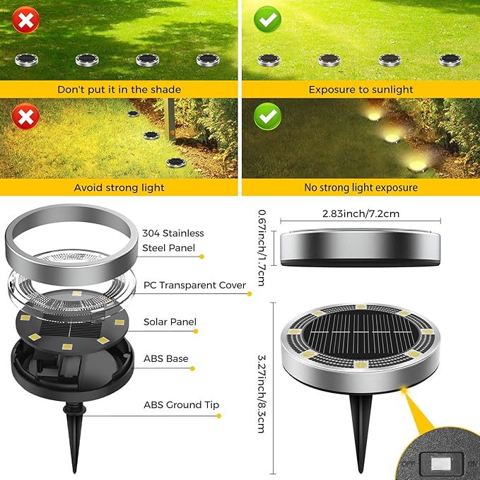 30 Pack Solar Ground Lights Outdoor, 8 LED Mini Flat Solar Disc Lights, IP65 Waterproof Pathway Lights Solar Powered, Landscape Lighting for Garden Walkway Driveway Yard Lawn,Warm White