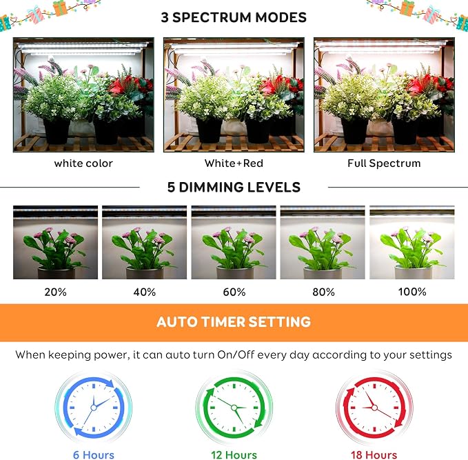 16'' Tri-Bars Grow Light Strips for Indoor Plants with Auto ON/Off Timer 6/12/18H, 5 Dimmable Levels for Shelves Plant Growing(Pack 2)