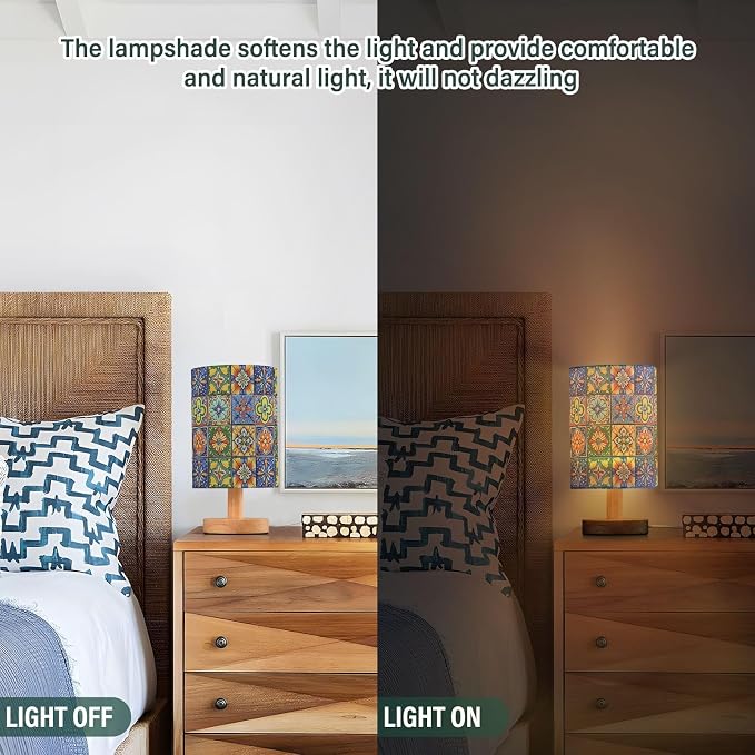 Vintage Mexican Tile Patterns Colorful Ethnic Bedside Table Lamps with USB Port for Bedroom Lamp Accent Table Lamp Small Nightstand Lamp Sturdy Linen Shade Decorative Lamps for Kids|Dorm|Home