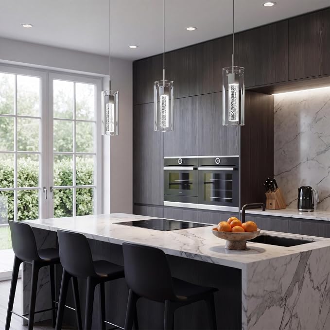 Pendant Lights Kitchen Island, 3 Pack 6500K LED Kitchen Lighting Crystal Island Light with Bubble Glass, Nickel Kitchen Hanging Light Fixture Modern Pendant Ceiling Light Fixture