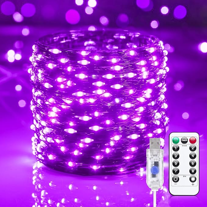 Halloween USB Fairy Lights Plug in, 33Ft 100 LED Twinkle String Lights with Remote and Timer, Waterproof 8 Modes for Bedroom Home Party Ghost Haunted House Indoor Outdoor Decorations, Purple