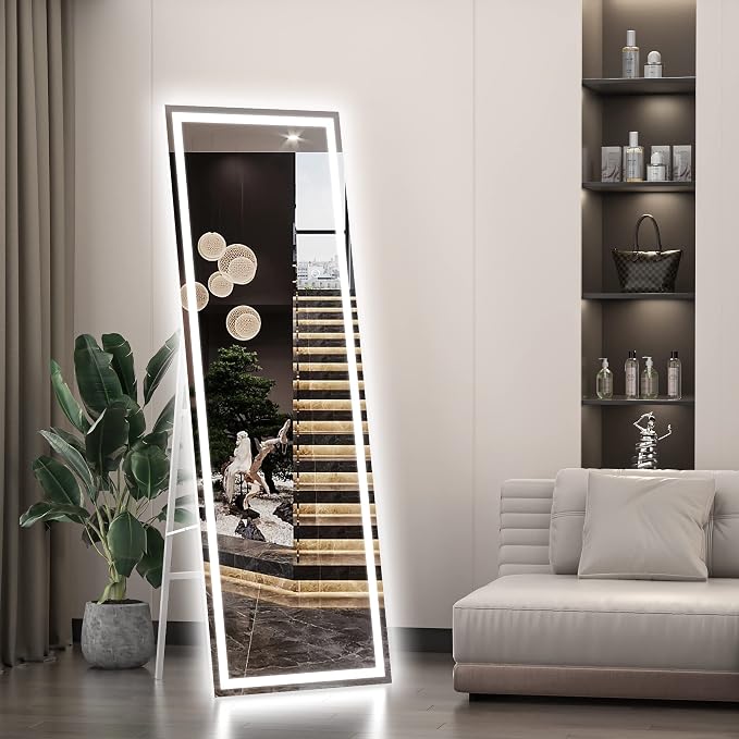 Hasipu Full Length Mirror with Lights, 56" x 15.8" LED Floor, Full Body Dressing Standing, Hanging Mounted Mirror, Square White