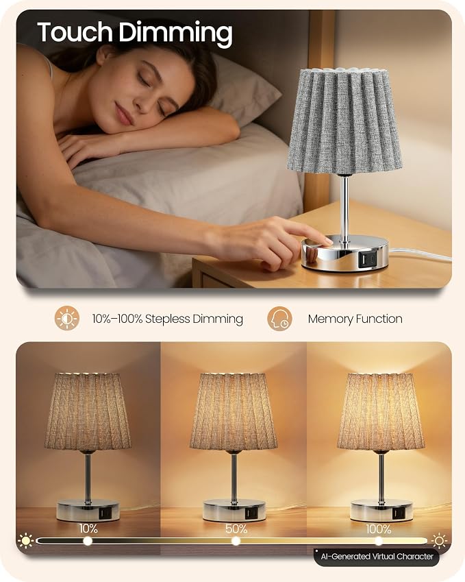 Small Bedside Table Lamp, Touch Dimmable Table Lamp with USB Ports, Nightstand Lamp with a Stepless Dimming LED Bulb, E26 Base, for Bedroom, Study, Desk, Glossy Gray and Gray PSH16TL05