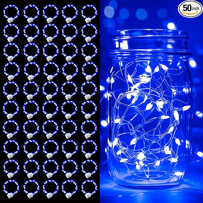 pozzolanas 50 Pack Blue Battery Operated String Lights - 7ft Waterproof Fairy Lights with 20 LEDs for Home, Mason Jar, Party, Wedding, Halloween, Christmas Decorations