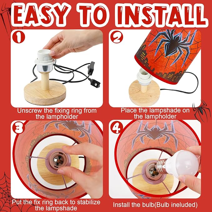 Spider Table Lamp for Boys - Spider Night Light & Bedroom Bedside Lamp with Linen Lampshade and Wooden Stand, Cartoon Nursery Lamp for Desk, Home Decor