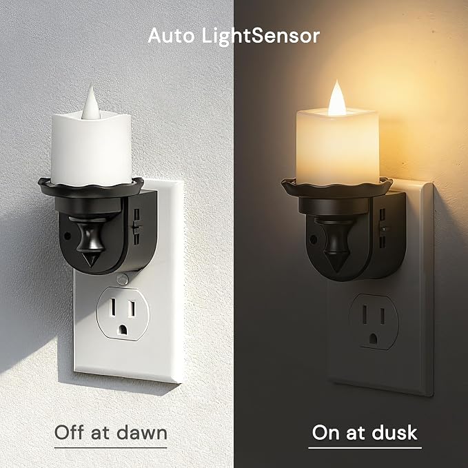 L LOHAS LED Flameless Candle Night Light, Flicker Night Lights Plug into Wall 2 Pack, Soft White Candle Nightlight with Light Sensor, Dimmable LED Flickering Nightlights for Kids Hallway Bathroom