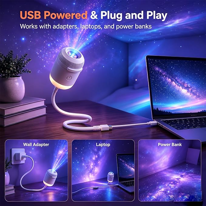 2026 Upgraded 5D Holographic Galaxy Ocean Projector, 2-in-1 Night Light Projector with 24 Films, 360° Flexible Gooseneck Touch Control Dimmable USB Plug & Play Star Lamp for Bedroom (24, white)
