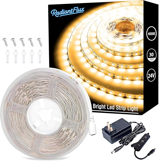 RadiantFlux 4000K 30Ft LED Strip Lights, Dimmable Natural Indoor Lighting, Flexible Super Bright LED Tape for Living Room, Kitchen, Vanity Mirror & More
