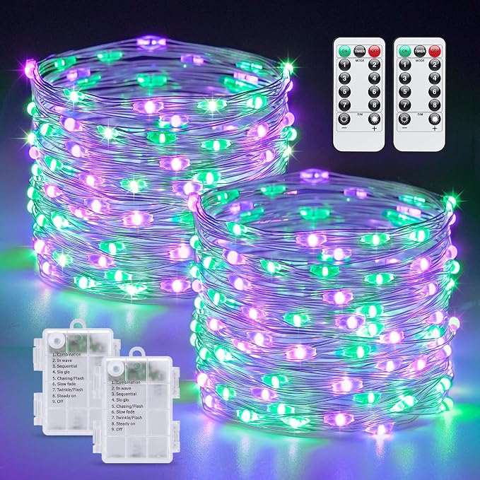 JMEXSUSS 2 Pack Purple and Green Halloween Fairy Lights Battery Operated | Total 200 LED 66ft, Remote Control, Waterproof 8 Modes Twinkle Lights for Fireplace Mantel Centerpiece Wreath Halloween Decor