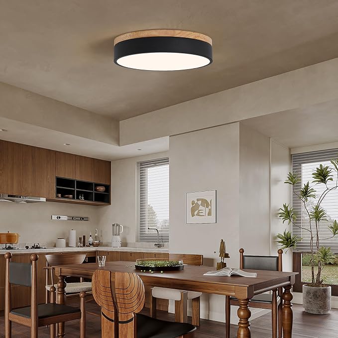 12" Minimalist Black and Wood LED Flush Mount Ceiling Light Fixture | Natural Wood Accent, Integrated LED, 5CCT Before Installation, Slim Low-Profile Design, Minimalist Modern Style, Compact Size