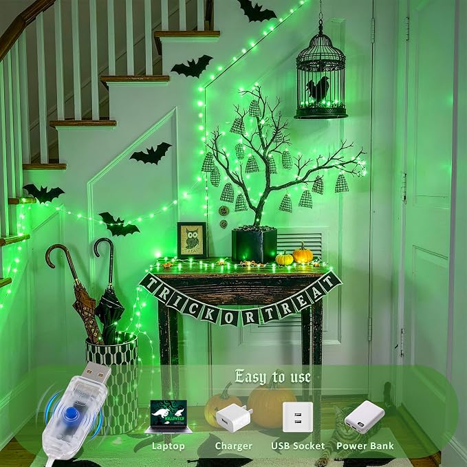 JMEXSUSS 100 LED Green Halloween Fairy Lights Plug in with Remote | 33 ft Green String Twinkle Christmas Light for Indoor Outdoor Christmas Tree Garden Home Party Decor, with Wheel