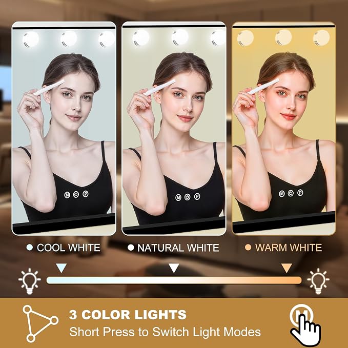 Moonee Vanity Mirror with Lights, Black Hollywood Lighted Makeup Mirror with 17 Dimmable Bulbs and 10X Magnification, 3 Colors Modes, Aluminum Metal Frame, Light Up Mirror for Tabletop/Wall（28" x 20"）