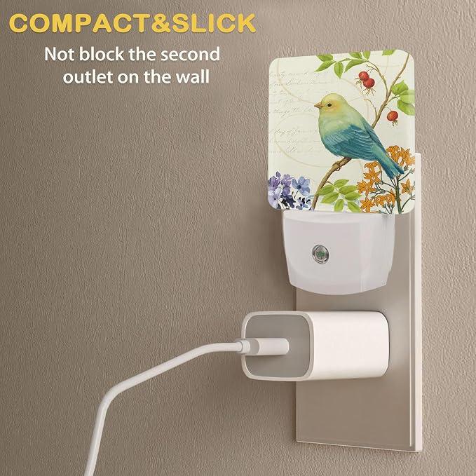Bird Flower Night Light, Vintage Watercolor Bird Flower Night Lights Plug Into Wall with Dusk To Dawn Sensor Wall Lamp, Nightlights For Bedroom, Bathroom, Hallway, Kitchen, Gifts Ideal For Girls Women