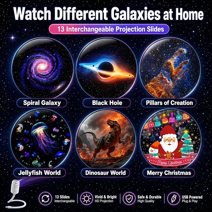 Galaxy Projector Night Light, USB Star Projector for Bedroom Ceiling | 2-in-1 Adjustable Nebula & Starry Sky Lamp, Flexible Gooseneck Design, Portable Space Projector for Kids Adults Room Decor
