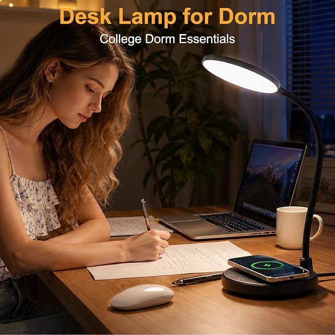 10W Wireless Charger Desk Lamps, Home Office, 800LM CRI95+,Black | Eye-Caring Led Desk Lamp with 3 Color Change, Dimmable, Adjustable Arm Table Lamp for Bedside, College Dorm, with Adapter