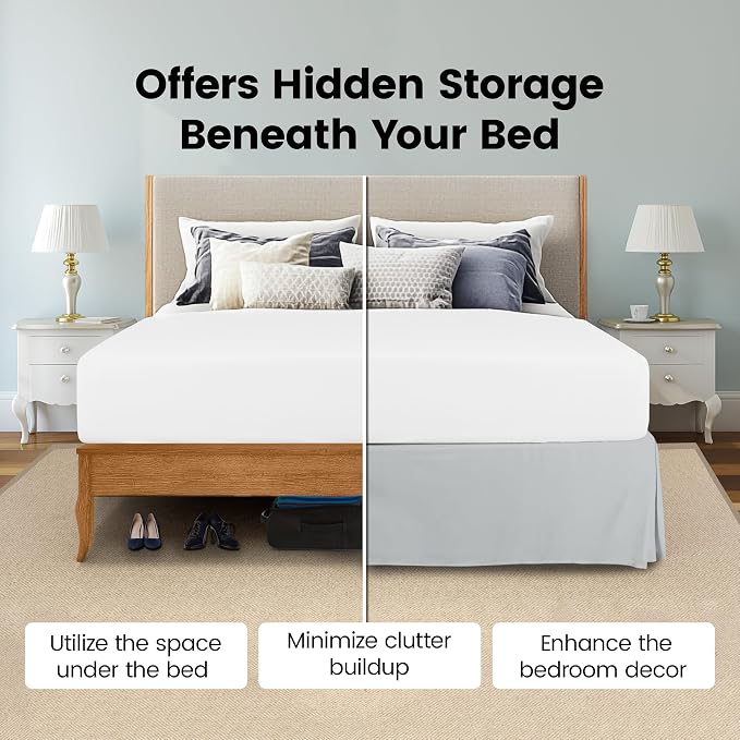 Queen Bed Skirt, Hides Under-Bed Storage 16 Inch Drop, Pleated, Light Grey | Easy Fit Design, Shrinkage & Fade Resistant, Hotel Style, Microfiber Durable Fabric, Machine Washable