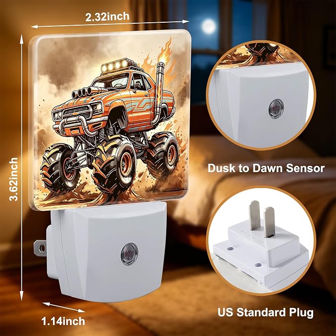 Night Light Off Road Trucks Night Lights Plug into Wall with Dusk to Dawn Smart Sensor for Bedroom Bathroom Hallway Kitchen, Warm Nightlights for Boys Girls Women Men