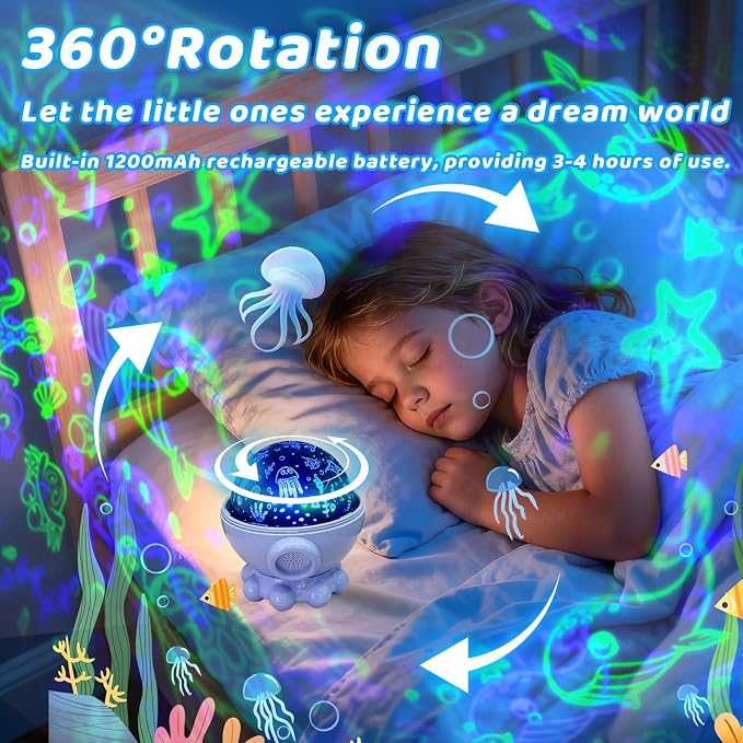 Cute Octopus Night Light Projector,17 Light Modes Ocean Star Projector with 360° Rotation, 3 Projection Films and 9 Lullaby Songs,Night Lamp with Remote and Timer,Gifts for Family and Friends (Blue)