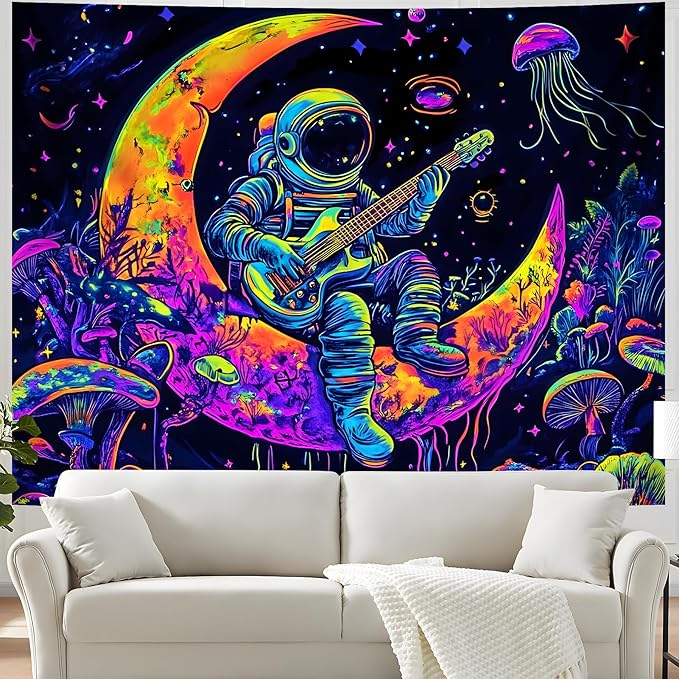 BVBOX Blacklight Space Astronaut Tapestry UV Reactive Galaxy Planet Glow in Dark Tapestries Black Light Poster Neon Wall Hanging Art for bedroom Living Room (Astronaut & Guitar-1M)