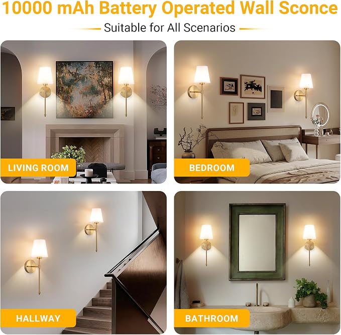 Vimhou Peel and Stick Wall Sconces, Stick On Wall Sconce Set of 2, Battery Operated Wireless Wall Light, No Drill Adhesive Wall Lamp, Corn Bulb with 10000mAh Rechargeable Battery, Bedroom Wall Decor