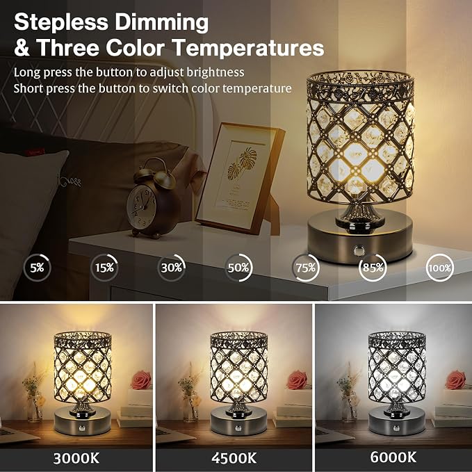 Black Small Crystal Rechargeable Cordless Table Lamps Set of 2 | 6000mAh Battery, 3 Color Temps, Stepless Dimming, Touch Control, Portable Wireless Night Light for Bar Bedroom Living Room