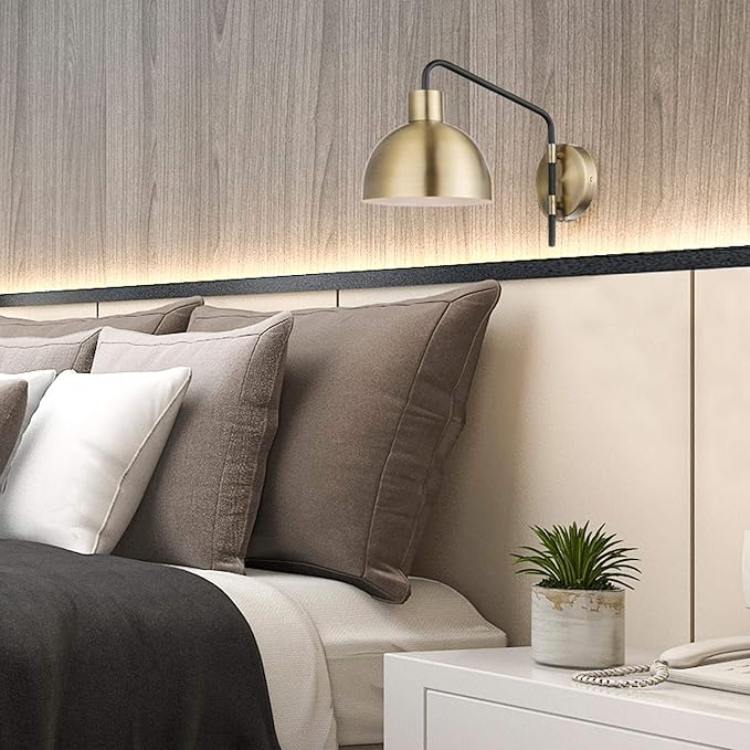 Globe Electric 51719 1-Light Plug-in or Hardwire Wall Sconce, Antique Brass, Matte Black Accent, Fabric Cord, in-Line On/Off Switch, Kitchen, Reading Light, Home Essentials, Bedroom, Bedside Lamp