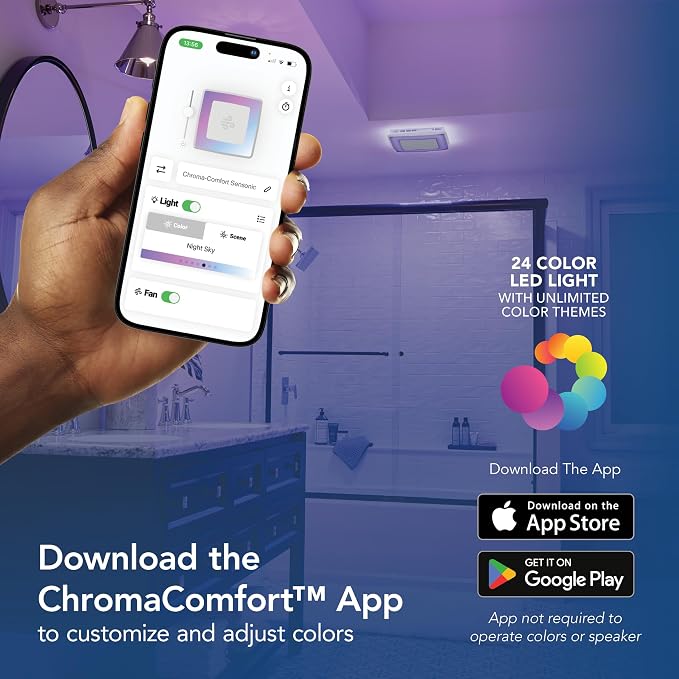 Broan-NuTone ChromaComfort Bathroom Exhaust Fan with Bluetooth Speaker, Powerful 110CFM/1.5 Sones, 24-color LED Light, SPK110RGBL, Wall Switch