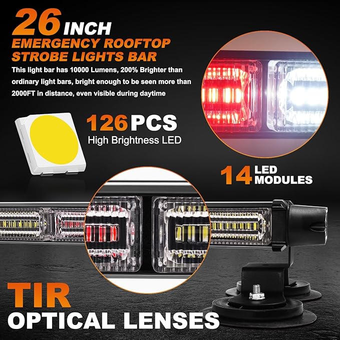 ASPL 26inch 126 LED Rooftop Emergency Strobe Lights Bar Double Side Flashing Safety Warning Traffic Advisor Light Bar Hazard Snow Plow Light for Work Trucks Vehicles Construction Tow Pickup(Red/White)