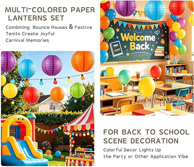 Colorful Paper Lanterns Set (12 Pcs) - 6/8/10 Inch Purple, Orange Red,Blue,Yellow, Red,Green Round Hanging Paper Lanterns for Rainbow Party, Carnival Celebration, Back to School Decor