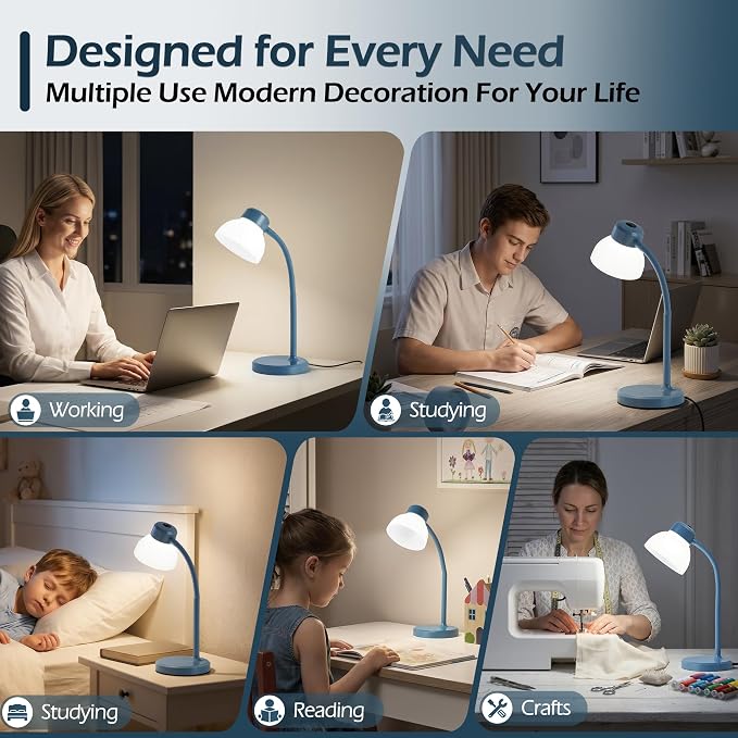 Desk Lamps for Home Office,Small LED Reading Lamp,5000K Eye-Care Desk Light | Desk Lamps for College Dorm, Kids Study Table, Bedroom , Flexible Gooseneck, Compact Small Table Lamp, Space-Saving Design