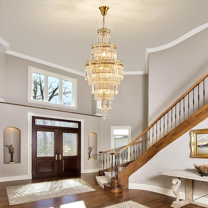YYJLX Modern Crystal Chandelier 8 Light Long Chandelier for High Ceiling Luxury Gold Hanging Pendant Light for Dining Room Living Room Staircase Foyer Entryway