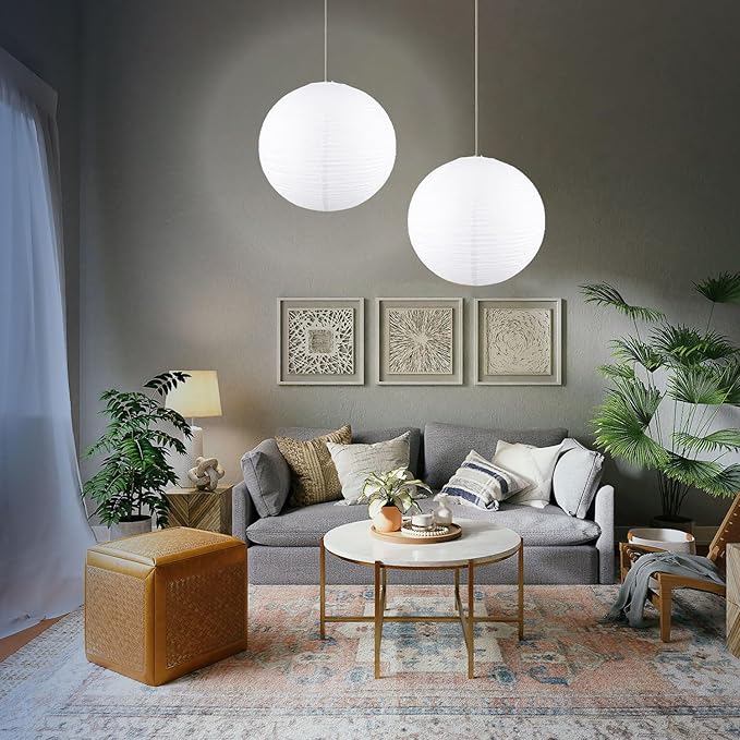 19.68" White Round Paper Lanterns, Chinese/Japanese Paper Lantern Pendant Light, Large Hanging Paper Lamp Shade for Party Decoration, Home Decor Ceiling Lampshade(2 PCS)